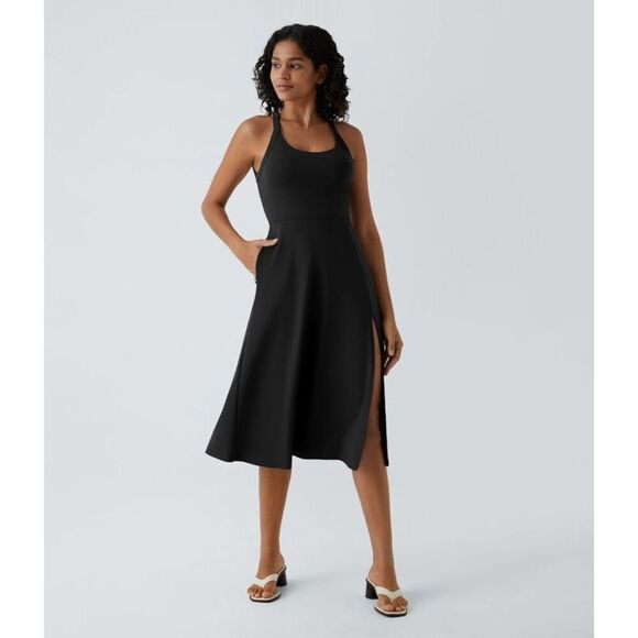 Halara Backless Cut Out Twisted Side Pocket Split Midi Casual Black Dress M NWT - Picture 1 of 16